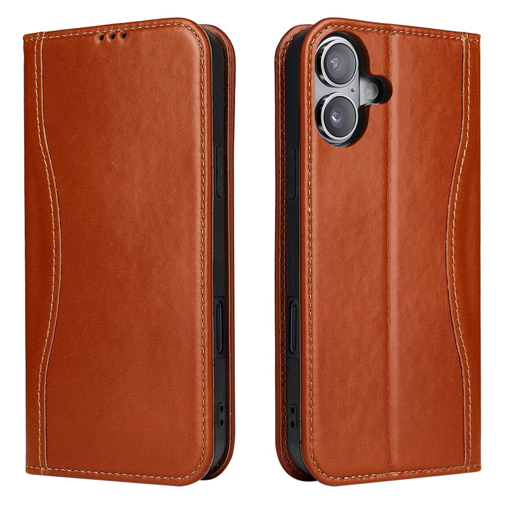FIERRE SHANN For iPhone 17 Case Wallet Stitching Craft Genuine Cow Leather Phone Cover - Brown