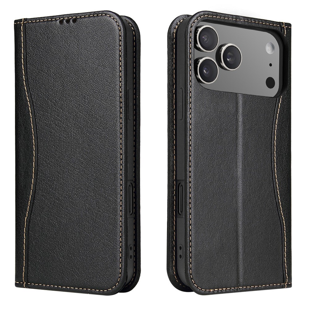 FIERRE SHANN For iPhone 17 Pro Max Case Wallet Stitching Craft Genuine Cow Leather Phone Cover - Black