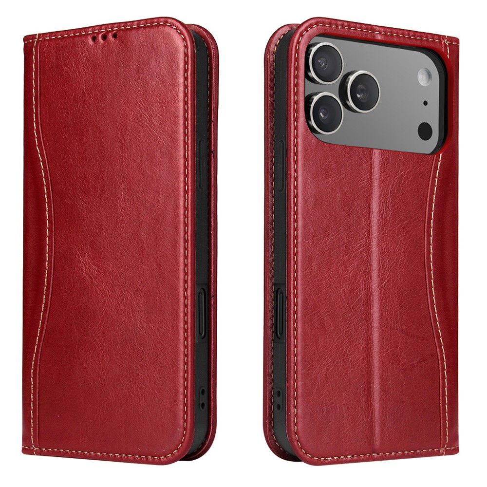 FIERRE SHANN For iPhone 17 Pro Max Case Wallet Stitching Craft Genuine Cow Leather Phone Cover - Red