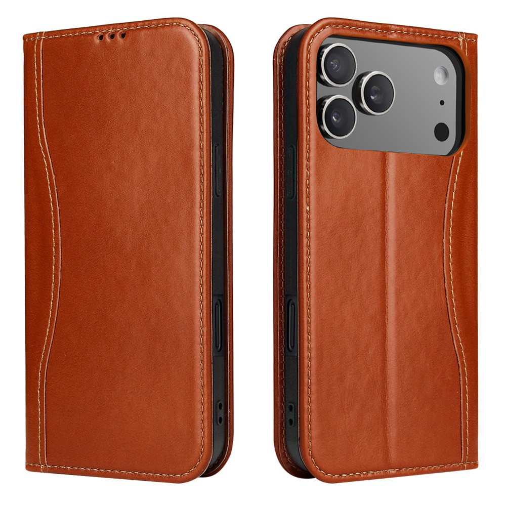 FIERRE SHANN For iPhone 17 Pro Max Case Wallet Stitching Craft Genuine Cow Leather Phone Cover - Brown