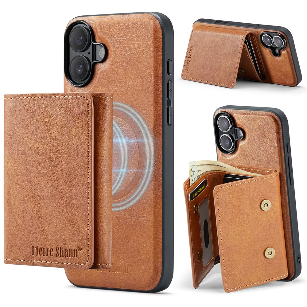 FIERRE SHANN FS030 For iPhone 17 Magnetic Case Tri-Fold Wallet Leather Back Cover with Card Holder - Brown