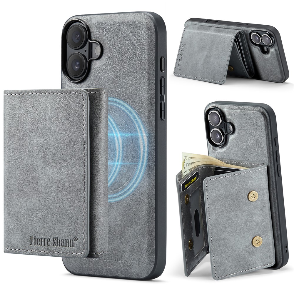 FIERRE SHANN FS030 For iPhone 17 Magnetic Case Tri-Fold Wallet Leather Back Cover with Card Holder - Grey