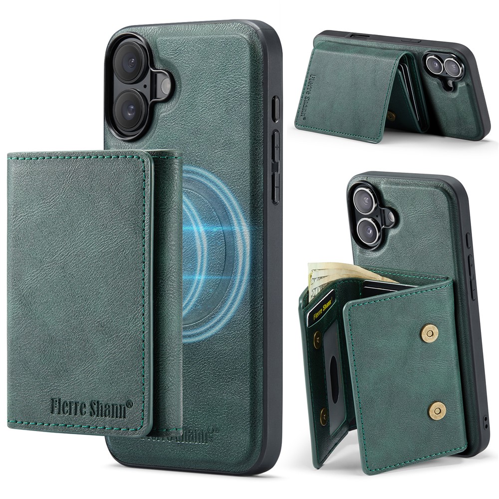 FIERRE SHANN FS030 For iPhone 17 Magnetic Case Tri-Fold Wallet Leather Back Cover with Card Holder - Green