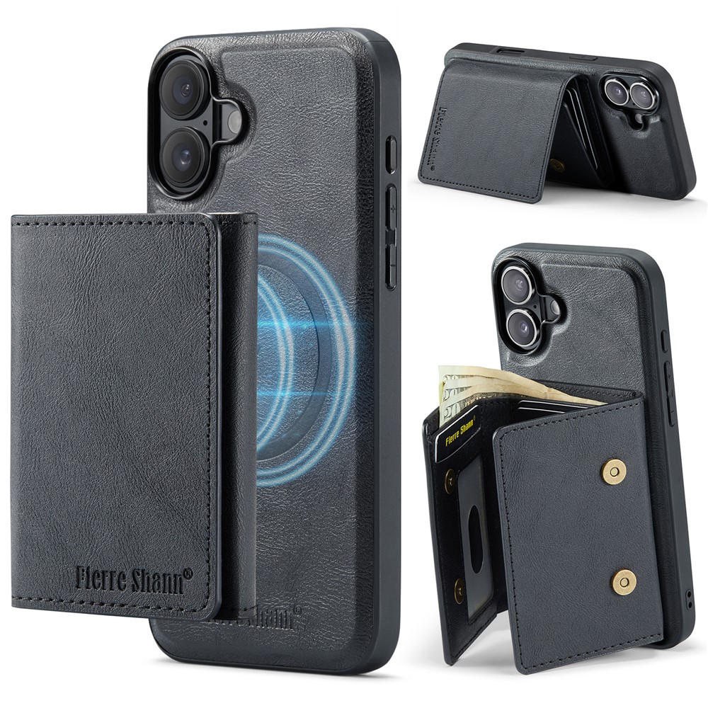 FIERRE SHANN FS030 For iPhone 17 Magnetic Case Tri-Fold Wallet Leather Back Cover with Card Holder - Black