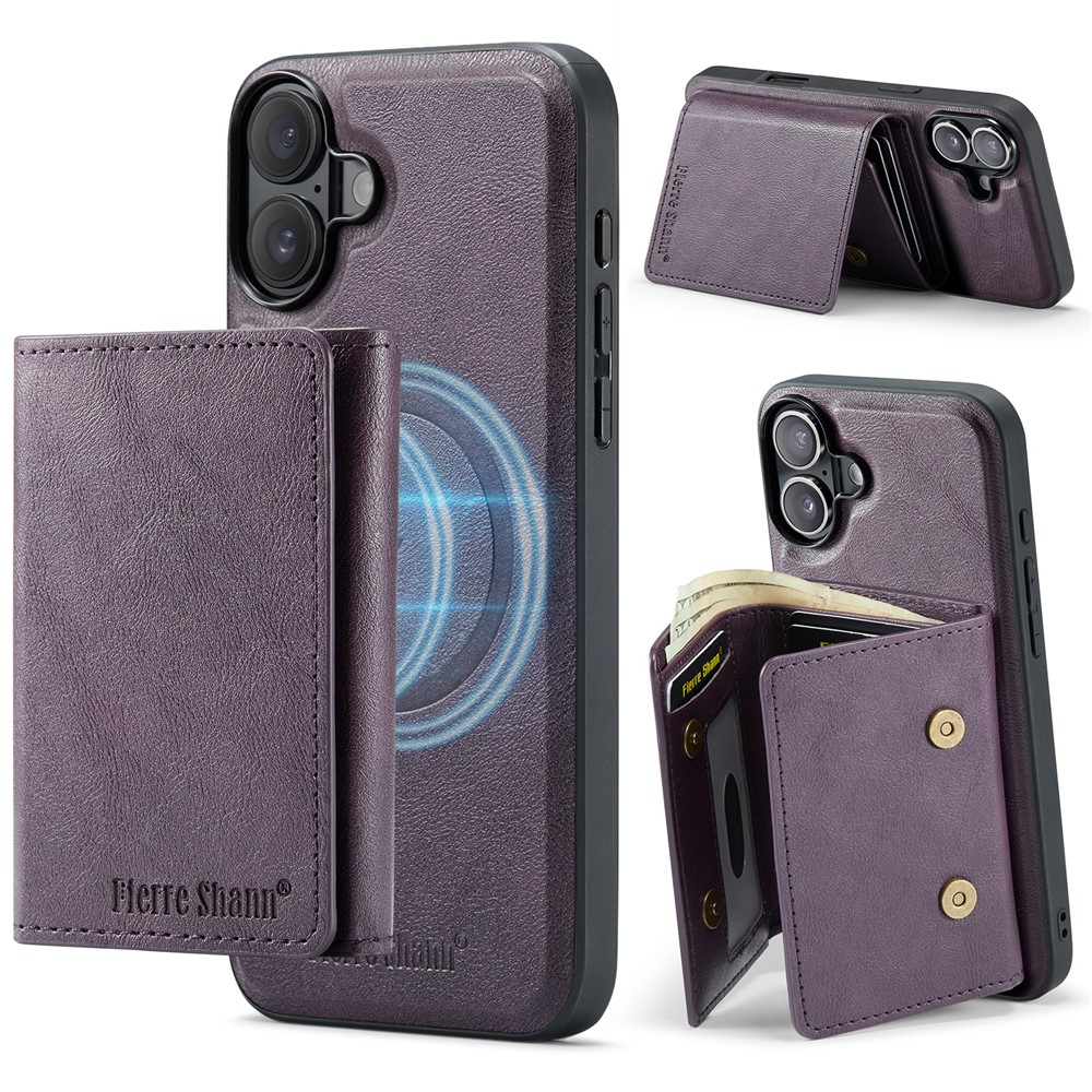 FIERRE SHANN FS030 For iPhone 17 Magnetic Case Tri-Fold Wallet Leather Back Cover with Card Holder - Purple