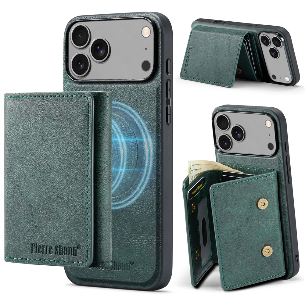 FIERRE SHANN FS030 For iPhone 17 Pro Max Magnetic Case Tri-Fold Wallet Leather Back Cover with Card Holder - Green