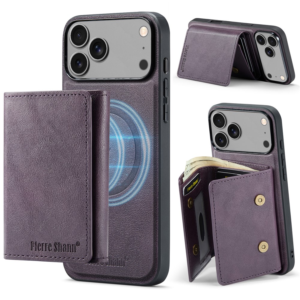 FIERRE SHANN FS030 For iPhone 17 Pro Max Magnetic Case Tri-Fold Wallet Leather Back Cover with Card Holder - Purple