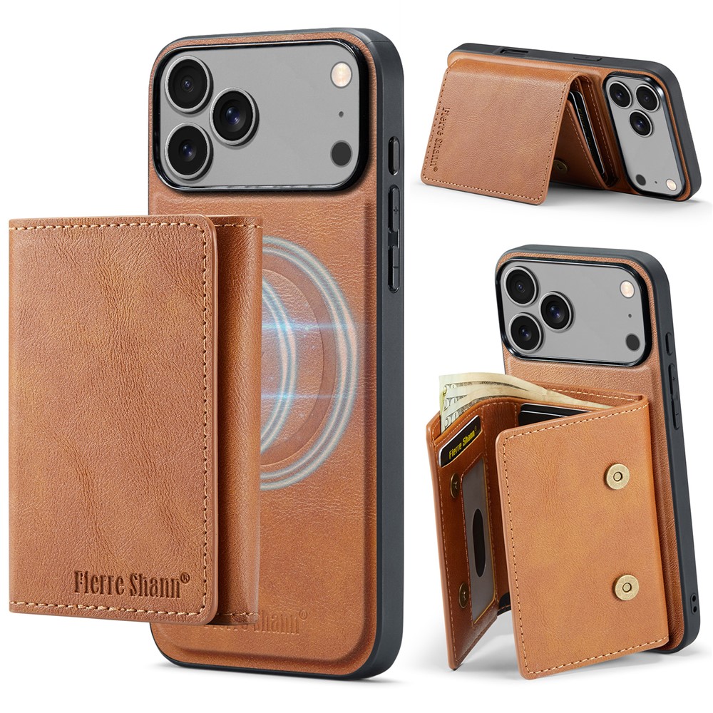 FIERRE SHANN FS030 For iPhone 17 Pro Max Magnetic Case Tri-Fold Wallet Leather Back Cover with Card Holder - Brown
