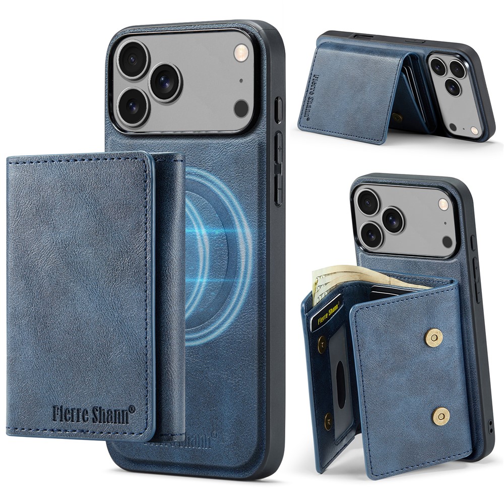 FIERRE SHANN FS030 For iPhone 17 Pro Max Magnetic Case Tri-Fold Wallet Leather Back Cover with Card Holder - Blue
