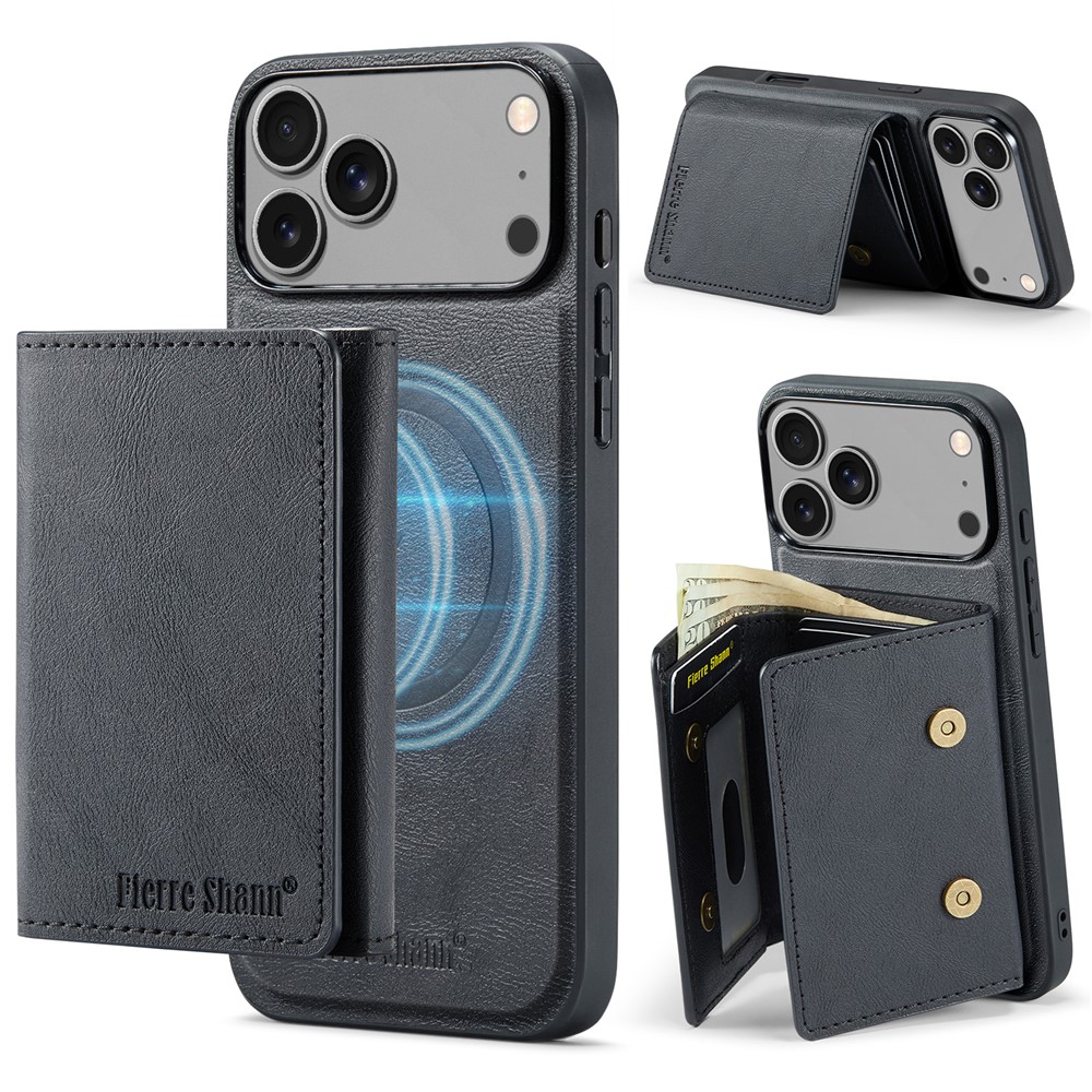 FIERRE SHANN FS030 For iPhone 17 Pro Max Magnetic Case Tri-Fold Wallet Leather Back Cover with Card Holder - Black