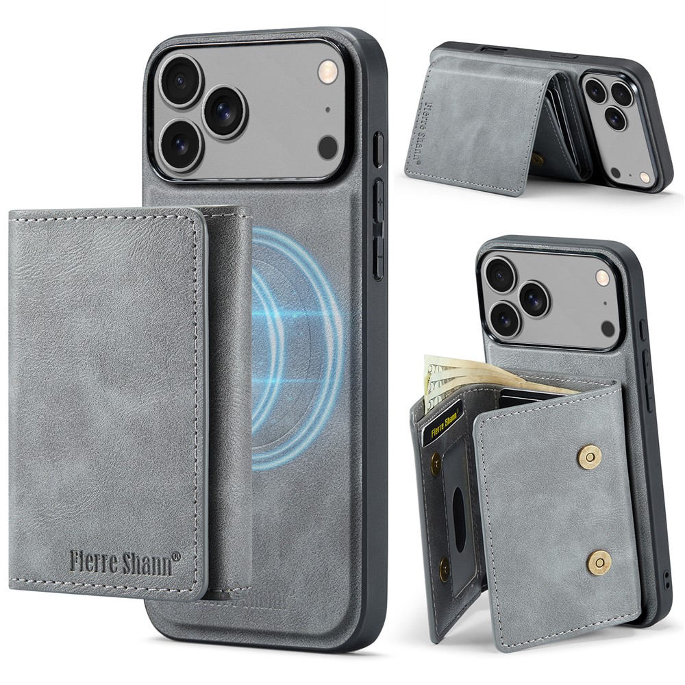 FIERRE SHANN FS030 For iPhone 17 Pro Max Magnetic Case Tri-Fold Wallet Leather Back Cover with Card Holder - Grey