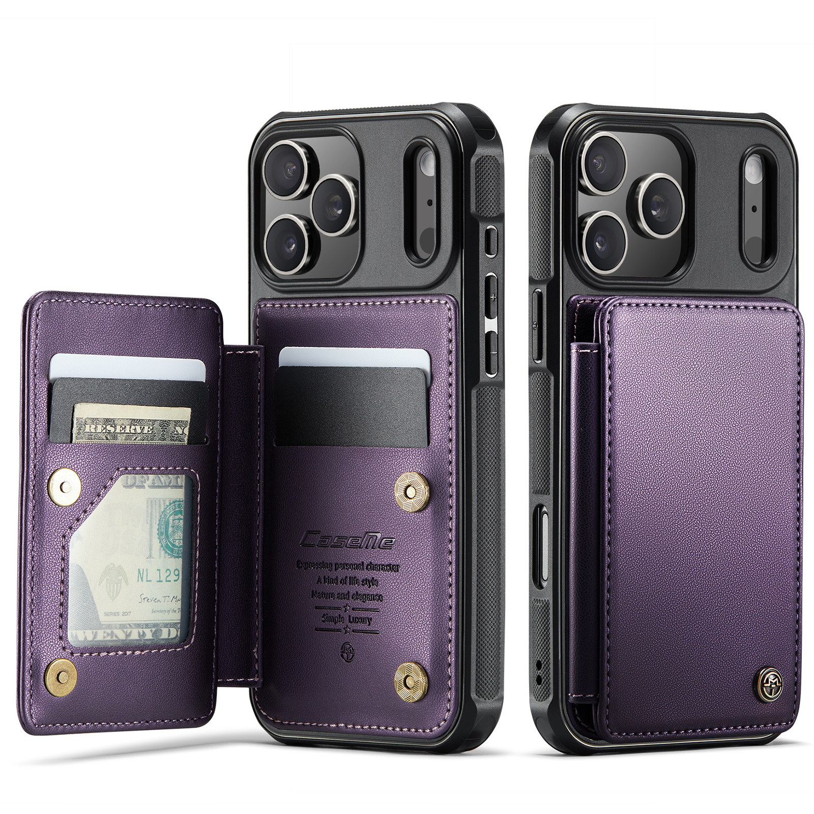 For iPhone 17 Pro Case with RFID Blocking 5 Card Slots CASEME C22 Leather Back Cover - Purple