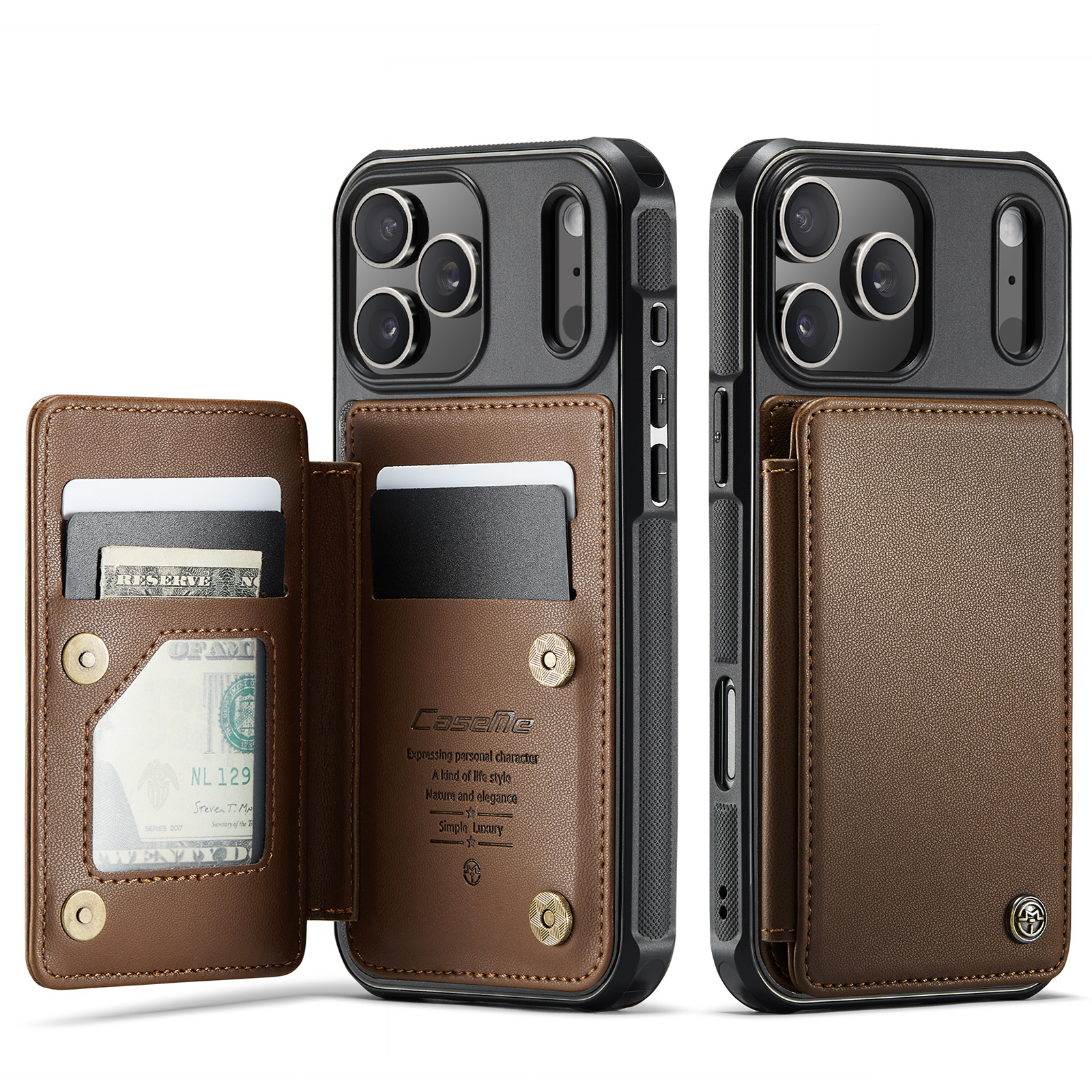 For iPhone 17 Pro Max Case with RFID Blocking 5 Card Slots CASEME C22 Leather Back Cover - Brown
