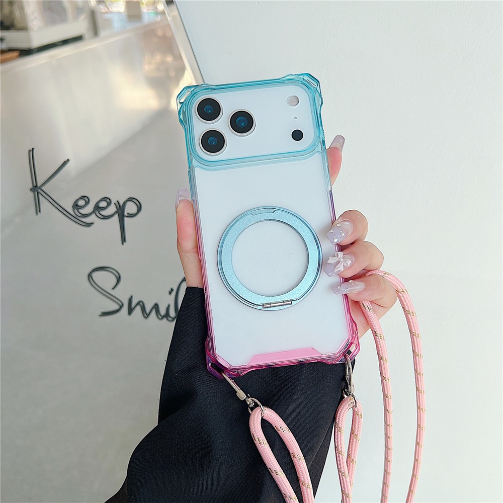 For iPhone 17 Pro Max Magnetic Case Ring Kickstand TPU + PC Phone Cover with Lanyard - Gradient Blue  /  Pink