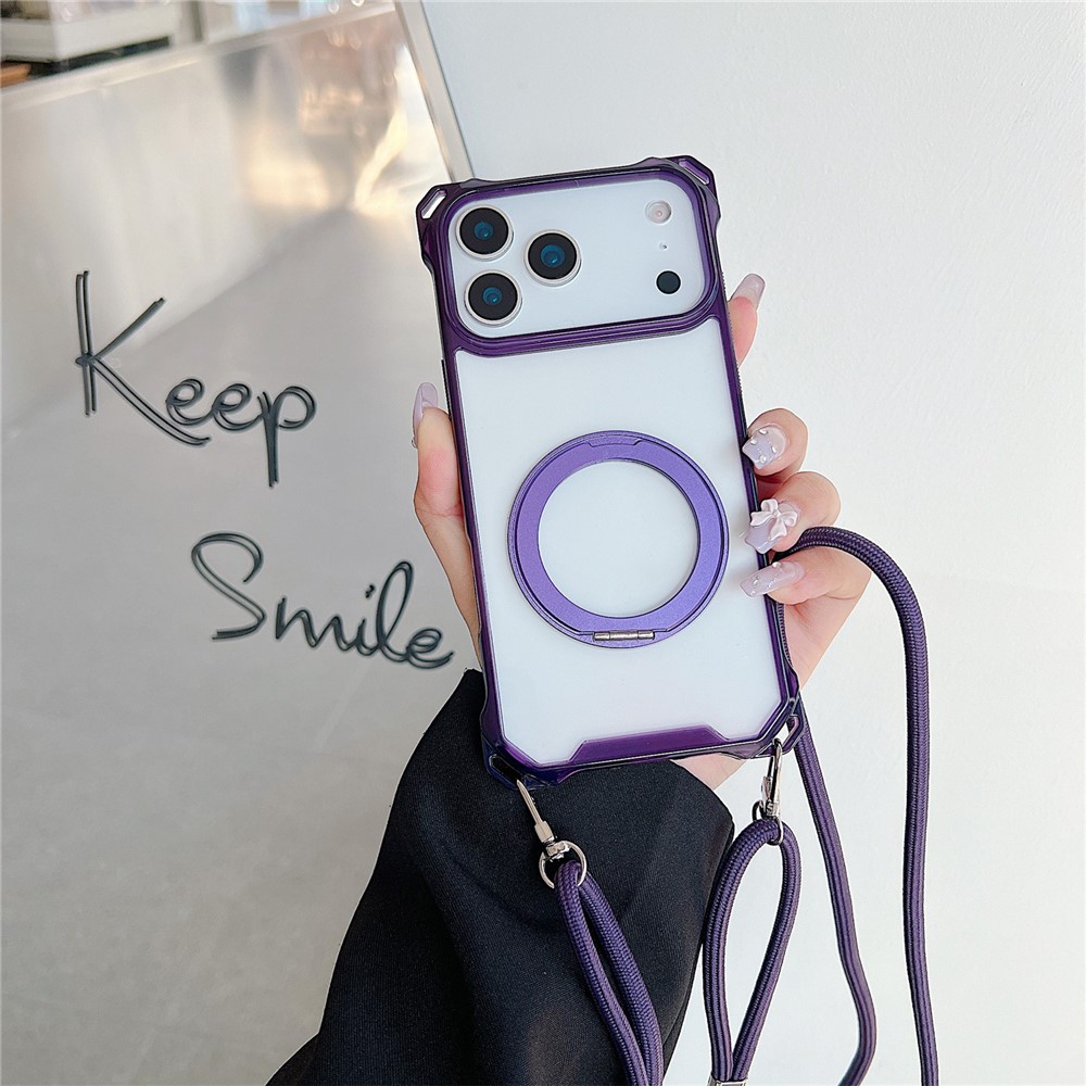 For iPhone 17 Pro Max Magnetic Case Ring Kickstand TPU + PC Phone Cover with Lanyard - Purple