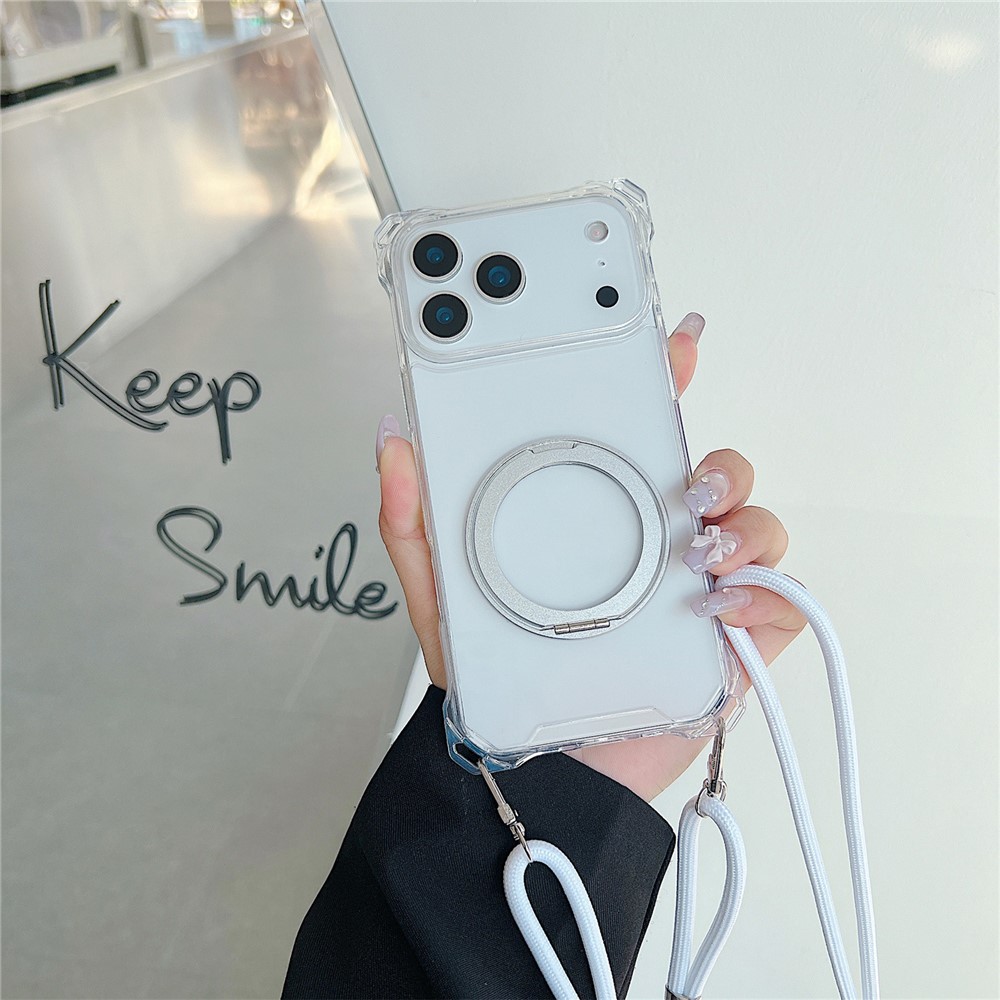 For iPhone 17 Pro Max Magnetic Case Ring Kickstand TPU + PC Phone Cover with Lanyard - Transparent