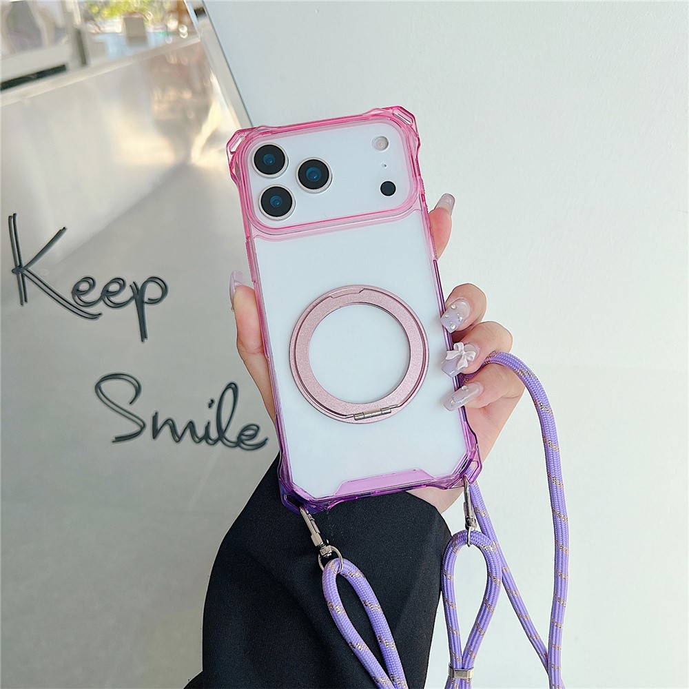 For iPhone 17 Pro Max Magnetic Case Ring Kickstand TPU + PC Phone Cover with Lanyard - Gradient Pink  /  Purple