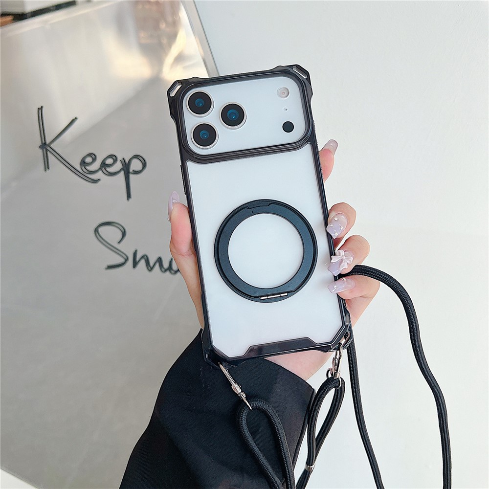 For iPhone 17 Pro Max Magnetic Case Ring Kickstand TPU + PC Phone Cover with Lanyard - Black