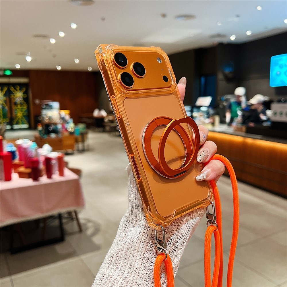 For iPhone 17 Pro Max Magnetic Case Ring Kickstand TPU + PC Phone Cover with Lanyard - Orange