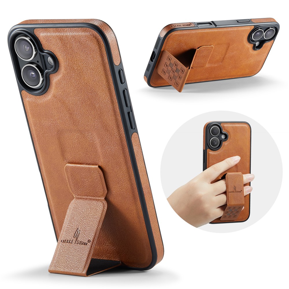 FIERRE SHANN For iPhone 17 Case Kickstand Leather Slim Back Cover - Brown
