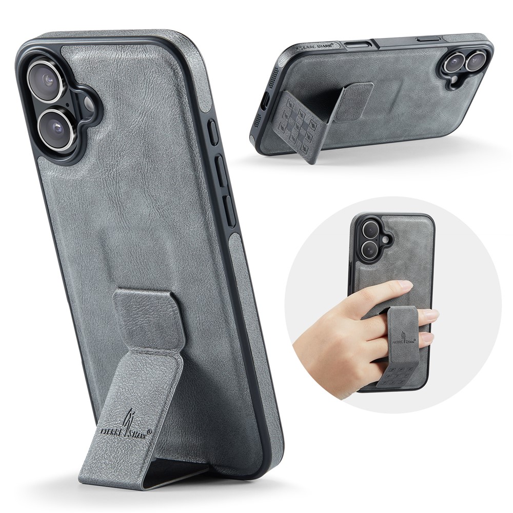 FIERRE SHANN For iPhone 17 Case Kickstand Leather Slim Back Cover - Grey