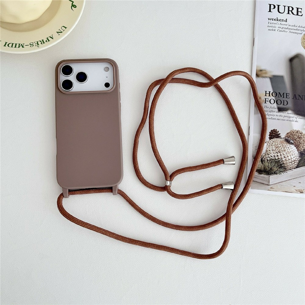 For iPhone 17 Pro Max Case Liquid Silicone Protective Phone Cover with Crossbody Lanyard - Brown