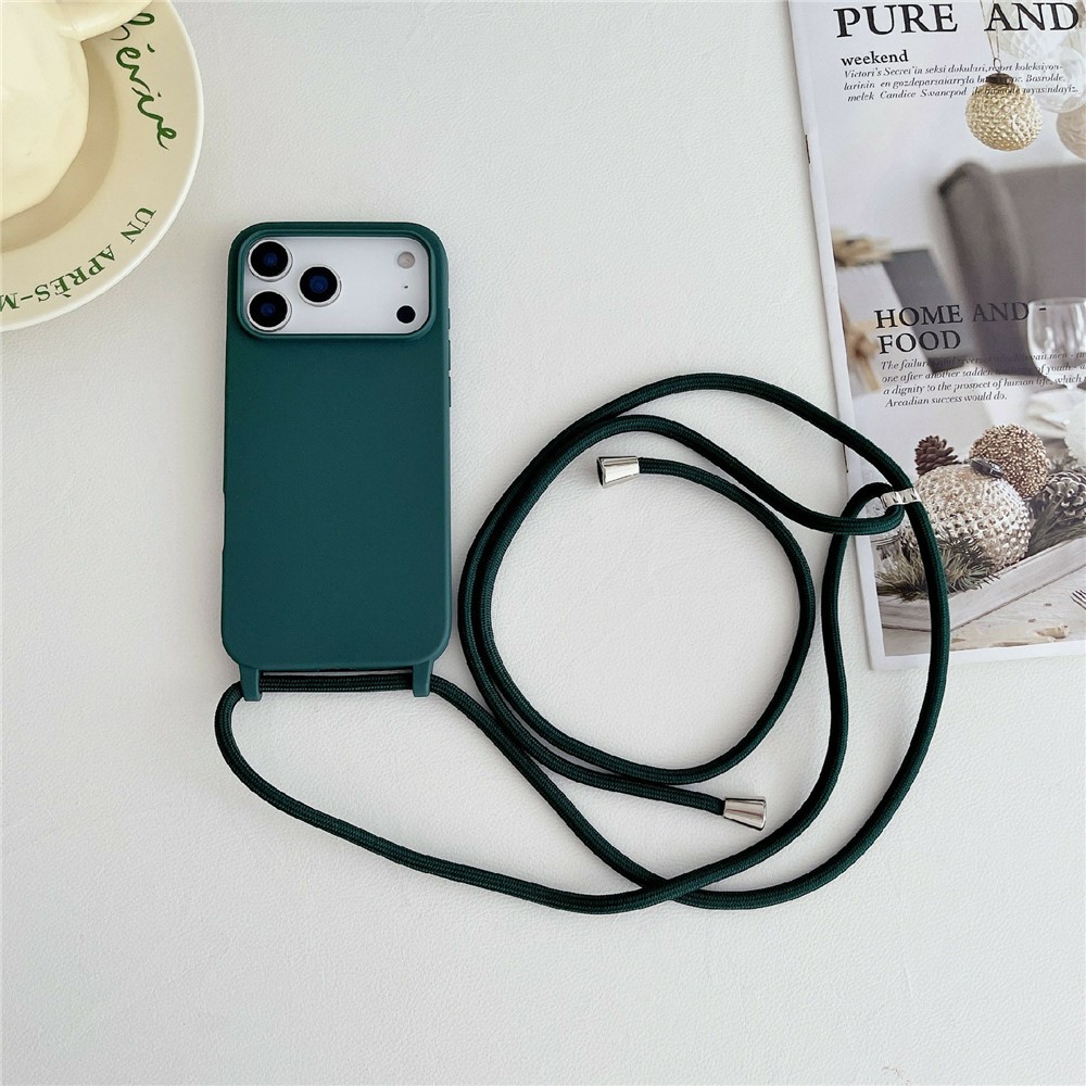 For iPhone 17 Pro Max Case Liquid Silicone Protective Phone Cover with Crossbody Lanyard - Dark Green