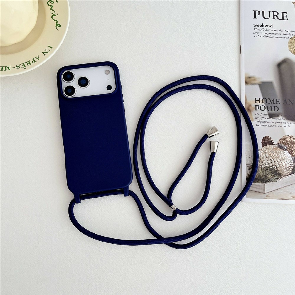 For iPhone 17 Pro Max Case Liquid Silicone Protective Phone Cover with Crossbody Lanyard - Dark Blue