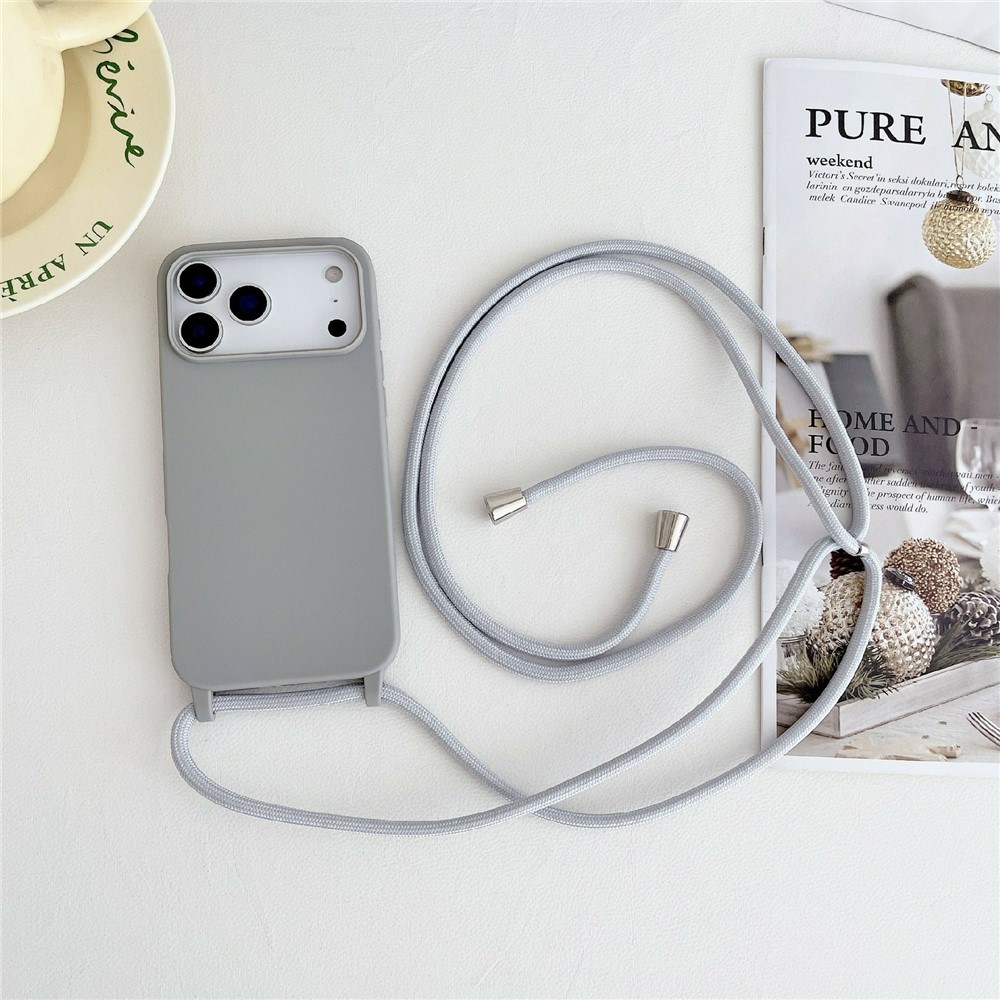 For iPhone 17 Pro Max Case Liquid Silicone Protective Phone Cover with Crossbody Lanyard - Light Grey