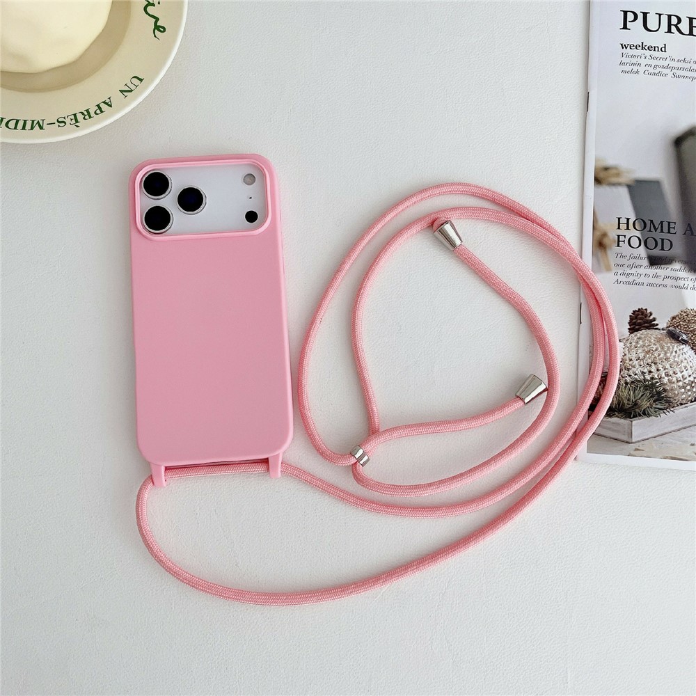 For iPhone 17 Pro Max Case Liquid Silicone Protective Phone Cover with Crossbody Lanyard - Pink