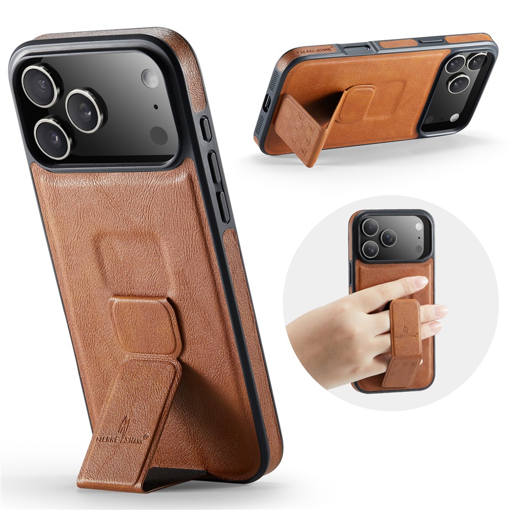 FIERRE SHANN For iPhone 17 Pro Case Kickstand Leather Slim Back Cover - Brown