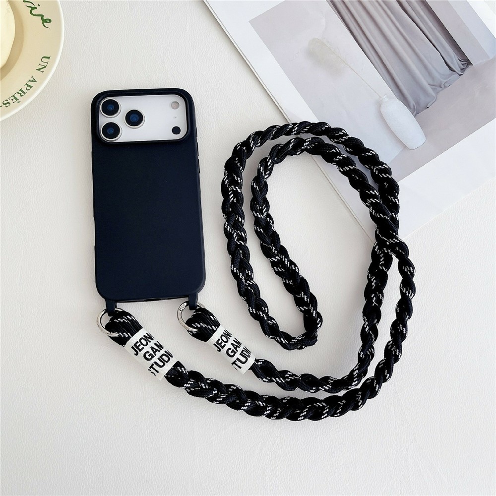 For iPhone 17 Pro Max Case TPU Phone Back Cover with Woven Crossbody Lanyard - Black