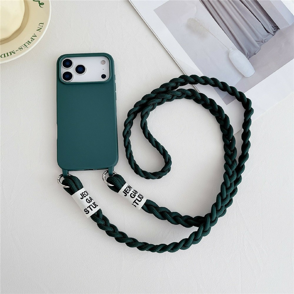 For iPhone 17 Pro Max Case TPU Phone Back Cover with Woven Crossbody Lanyard - Dark Green