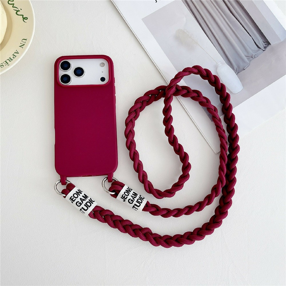 For iPhone 17 Pro Max Case TPU Phone Back Cover with Woven Crossbody Lanyard - Wine Red
