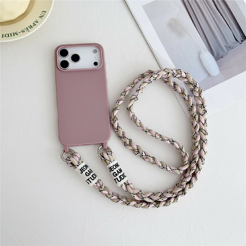 For iPhone 17 Pro Max Case TPU Phone Back Cover with Woven Crossbody Lanyard - Deep Pink