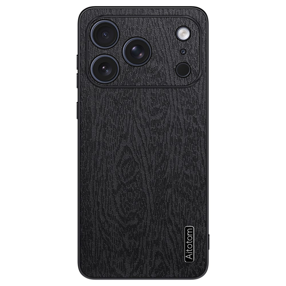 For iPhone 17 Pro Max Case Wood Texture PU Leather Coated PC TPU Phone Cover - Black