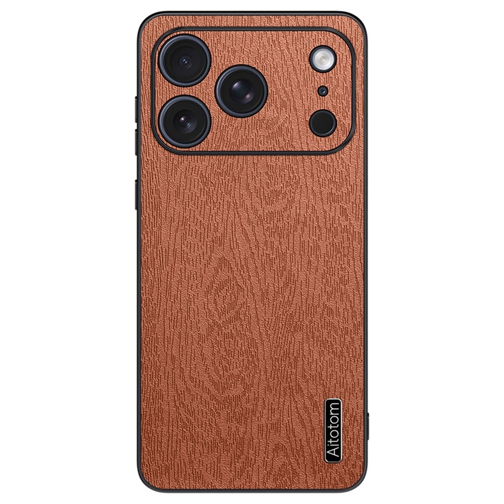 For iPhone 17 Pro Max Case Wood Texture PU Leather Coated PC TPU Phone Cover - Brown