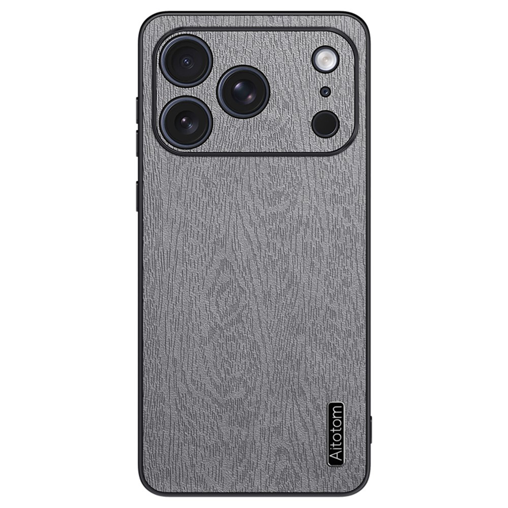 For iPhone 17 Pro Max Case Wood Texture PU Leather Coated PC TPU Phone Cover - Grey