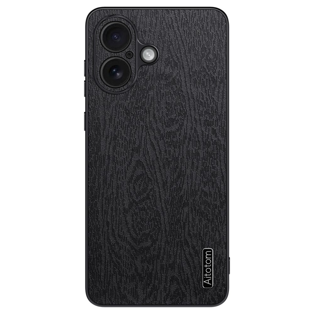 For iPhone 17 Case Wood Texture PU Leather Coated PC TPU Phone Cover - Black