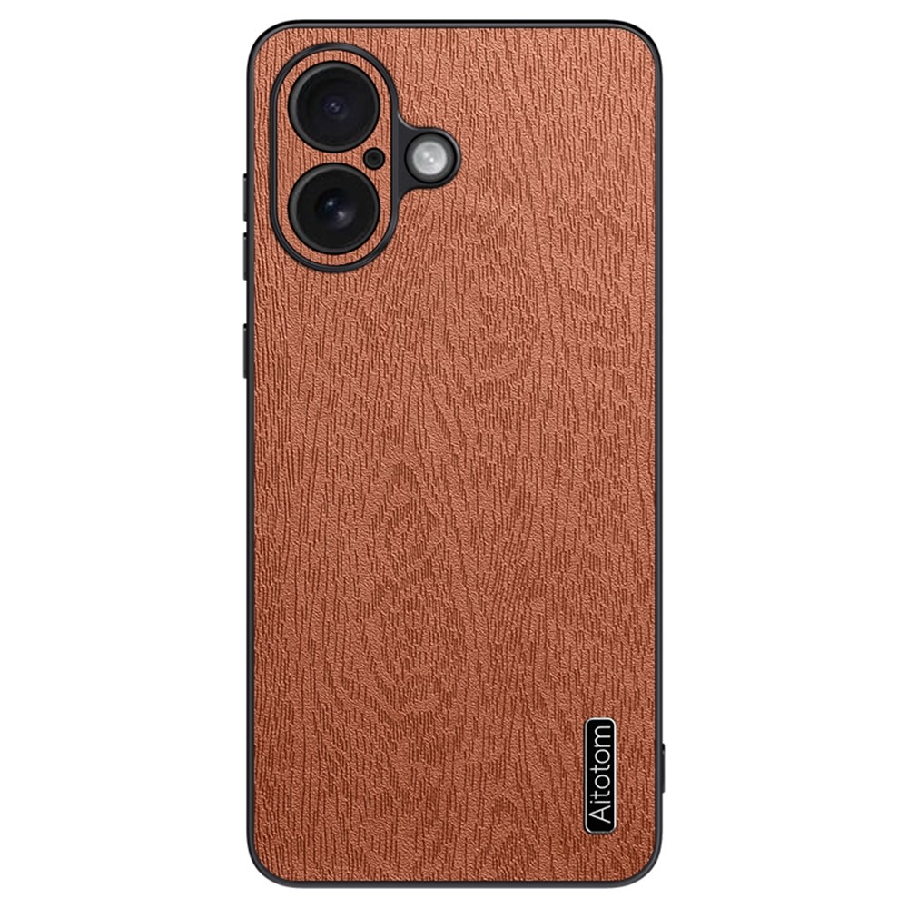 For iPhone 17 Case Wood Texture PU Leather Coated PC TPU Phone Cover - Brown