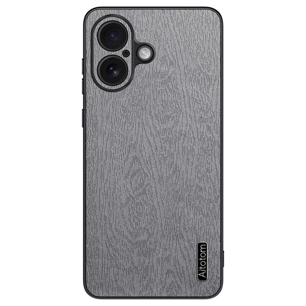 For iPhone 17 Case Wood Texture PU Leather Coated PC TPU Phone Cover - Grey
