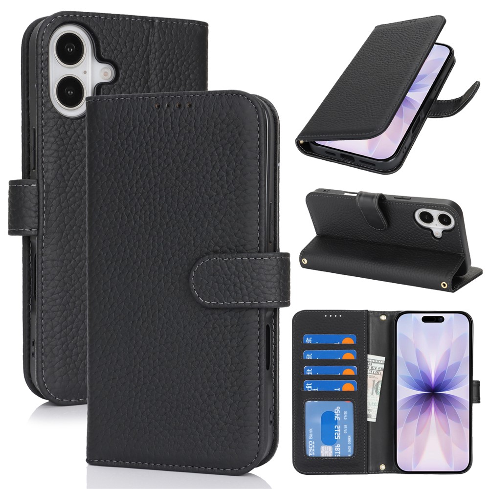 For iPhone 17 Stand Case Litchi Texture Genuine Cow Leather Wallet Phone Cover RFID Blocking - Black