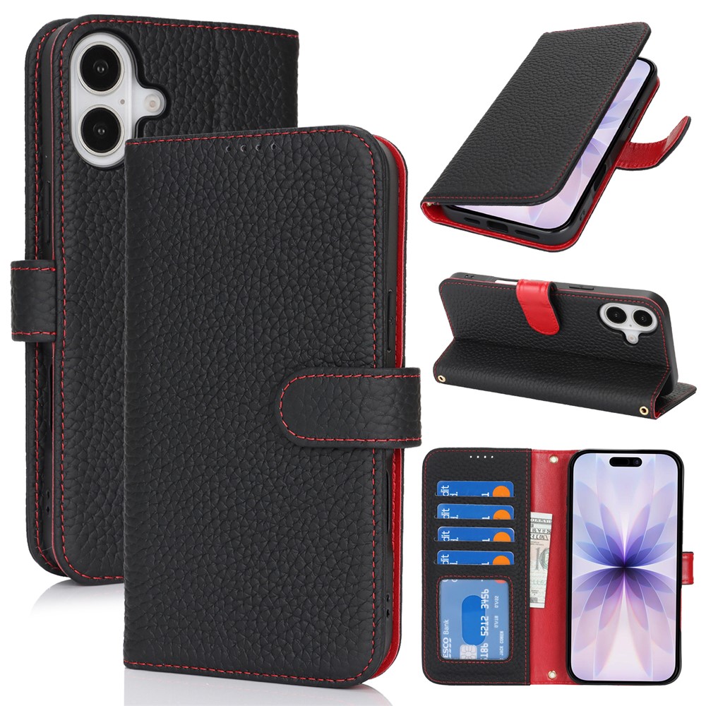 For iPhone 17 Stand Case Litchi Texture Genuine Cow Leather Wallet Phone Cover RFID Blocking - Black  /  Red
