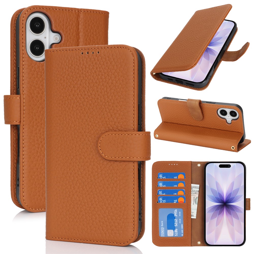 For iPhone 17 Stand Case Litchi Texture Genuine Cow Leather Wallet Phone Cover RFID Blocking - Dark Yellow
