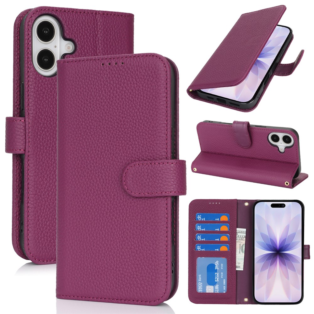 For iPhone 17 Stand Case Litchi Texture Genuine Cow Leather Wallet Phone Cover RFID Blocking - Violet
