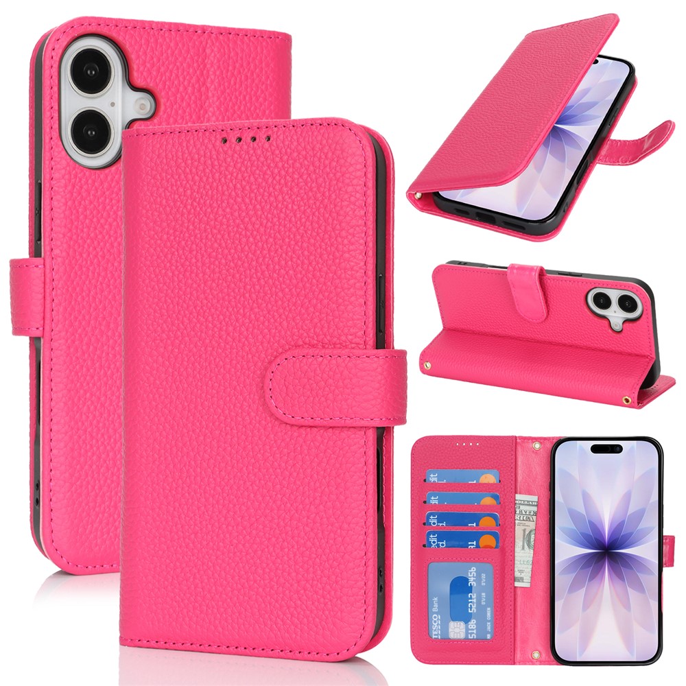 For iPhone 17 Stand Case Litchi Texture Genuine Cow Leather Wallet Phone Cover RFID Blocking - Rose