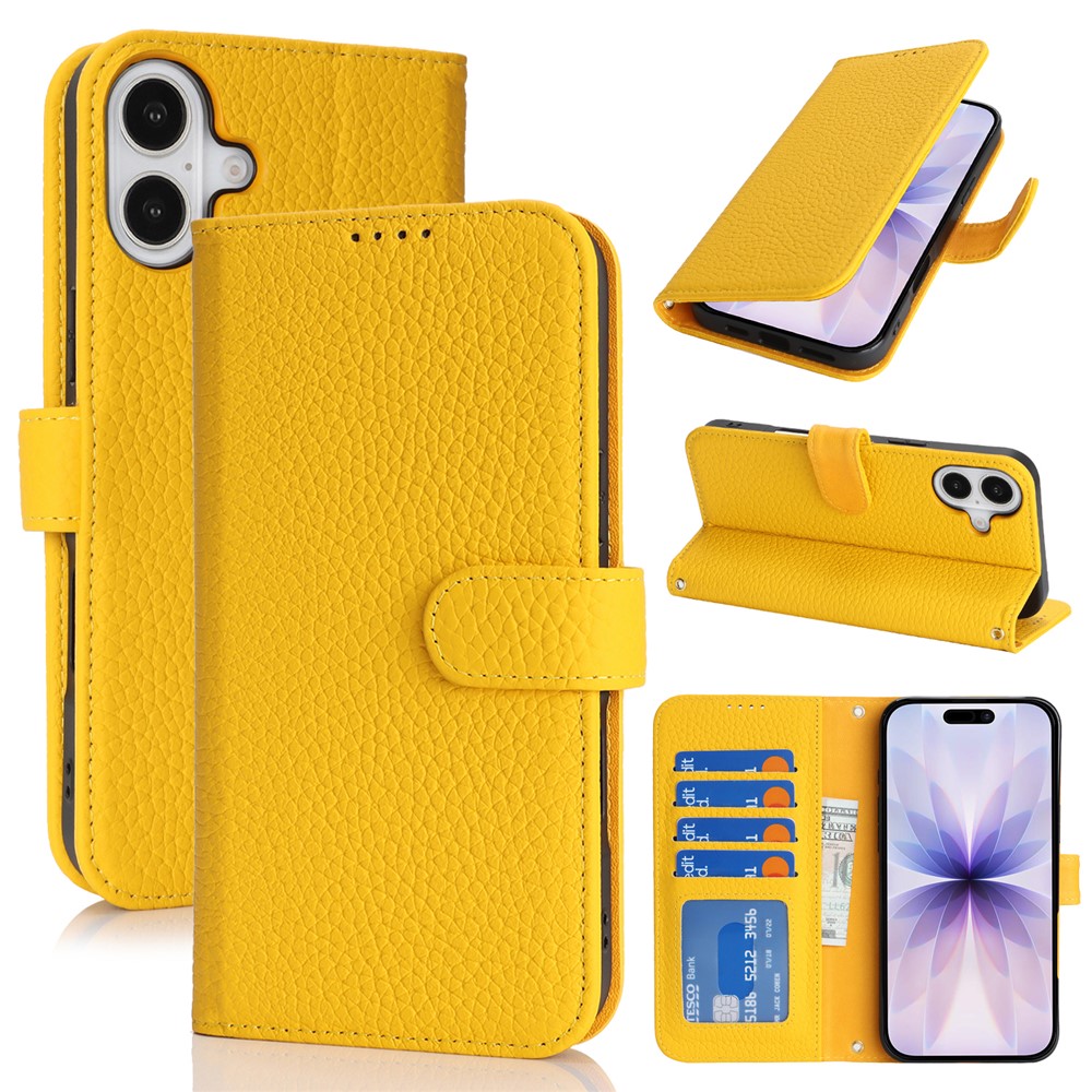 For iPhone 17 Stand Case Litchi Texture Genuine Cow Leather Wallet Phone Cover RFID Blocking - Yellow