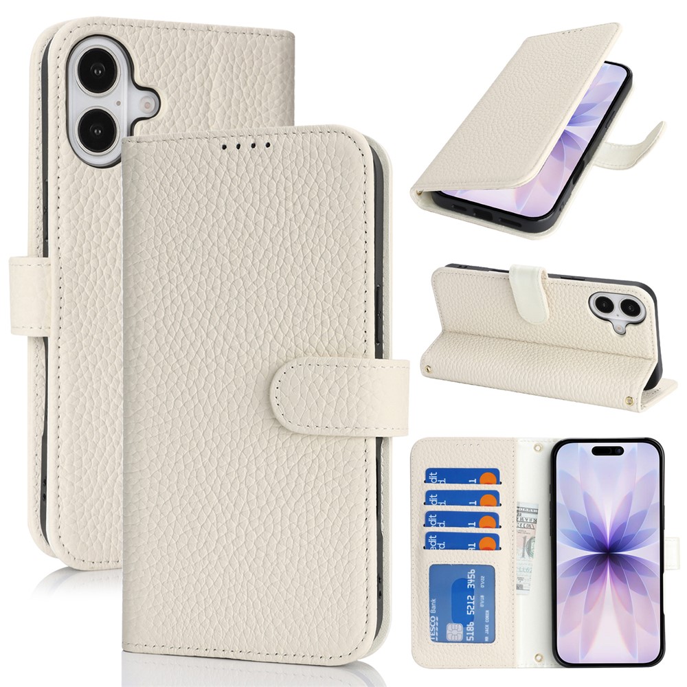 For iPhone 17 Stand Case Litchi Texture Genuine Cow Leather Wallet Phone Cover RFID Blocking - White