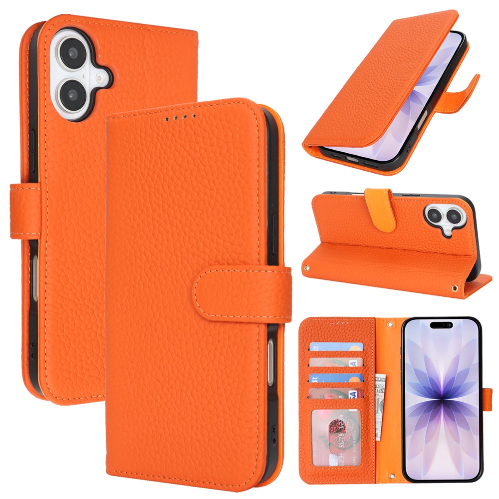For iPhone 17 Stand Case Litchi Texture Genuine Cow Leather Wallet Phone Cover RFID Blocking - Orange