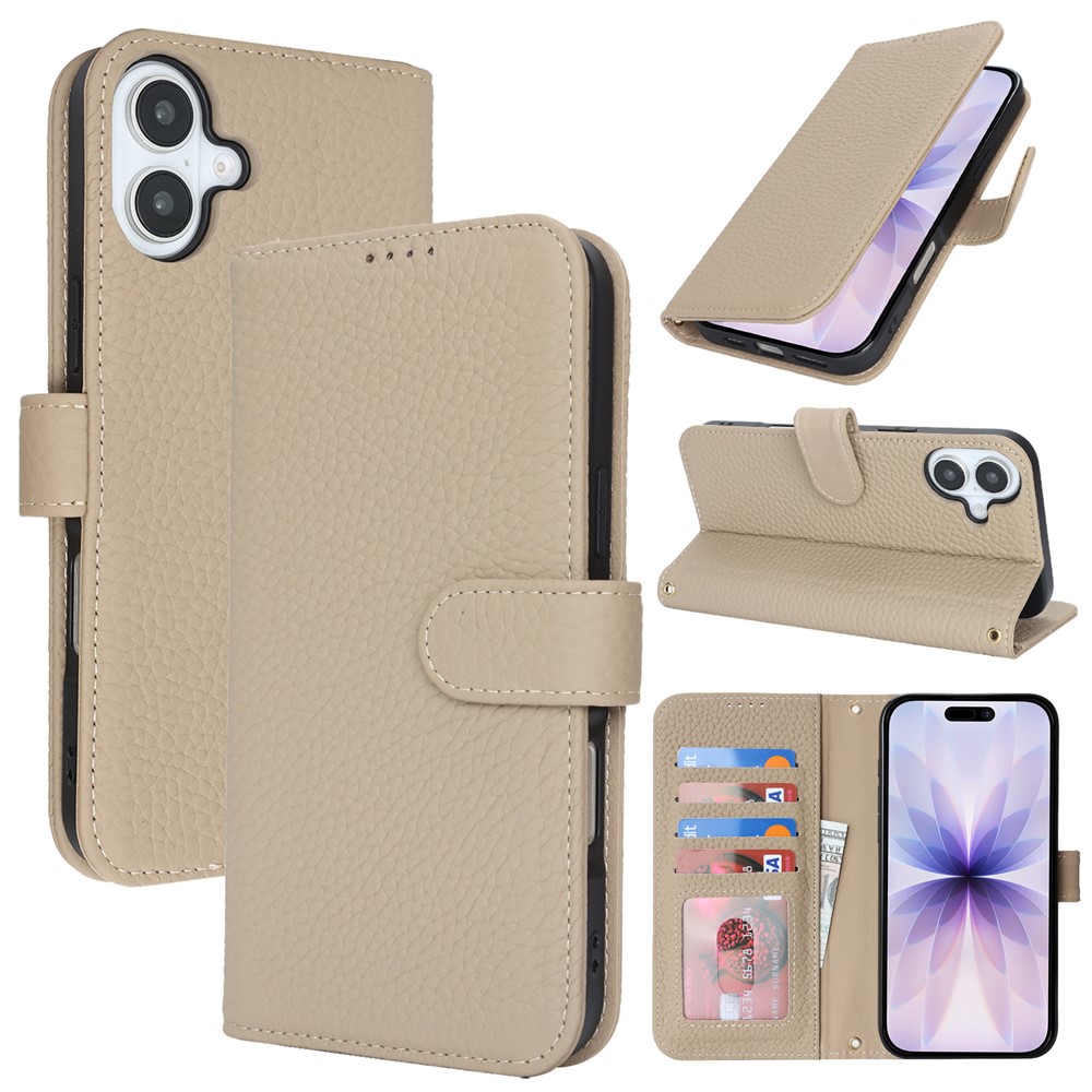 For iPhone 17 Stand Case Litchi Texture Genuine Cow Leather Wallet Phone Cover RFID Blocking - Grey